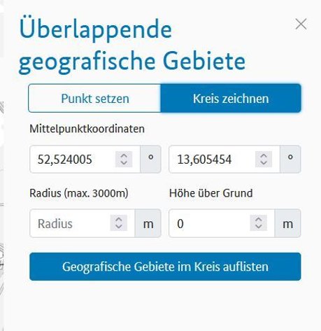 Überlappende geografische Gebiete – Werkzeug zum Kreis zeichnen. Entweder grafisch mit der Maus oder über Koordinateneingabe in Formularfeldern.