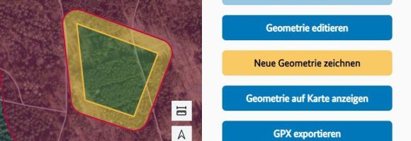 Volumenplanerausschnitt mit Kartendarstellung des Betriebsraum mit Ground Risk Buffer nach dem "Speichern" der Geometrie. Der Schalter "Geometrie editieren" im Menü "Geometrie" ist verfügbar