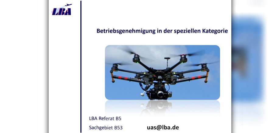 First page of the PDF document with information about the operational authorization in the ‘specific’ category with a picture of a drone.