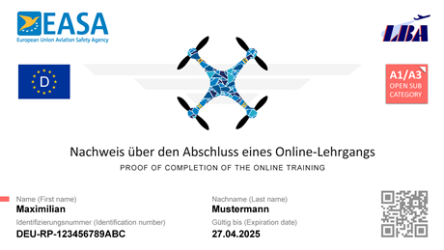 Sample of a EU certificate of competency, including logos of EASA, LBA and a QR-code, issued for A1/A3 category. Text: Proof of completition of the online training. Issued to Maximilian Mustermann.