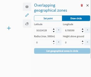 Drawing a circle a beginning. Input fields are not complete. The Button 'List geogrphical zones in circle' is inactive.