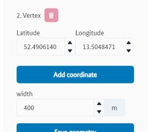 Coordinate input field for geometry point (Vertex). "Add coordinate" button and the "width" input field for the geometry type "Corridor" in the "Geometry" menu