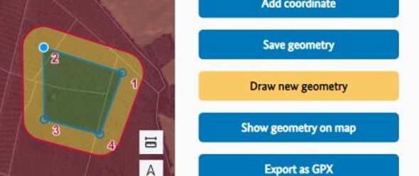 Volume planner section with map display of the operational volumes. A geometry point is selected for moving.